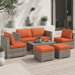 Wyld Haus Suve 8-Piece Grey Pe Rattan 6-Seater Garden Furniture Set With Orange Cushions - thumbnail 1