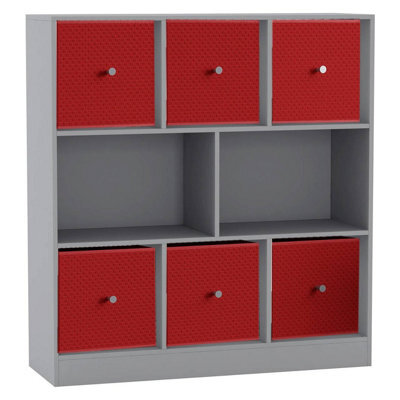 Urbn-Living Grey, Red - Asymmetrical 8 Cube Bookcase Unit W/ 6 Drawer Inserts - image 1