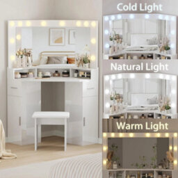Corner Dressing Table Led Mirror Vanity Makeup Desk Large Storage Drawer Shelf - thumbnail 3