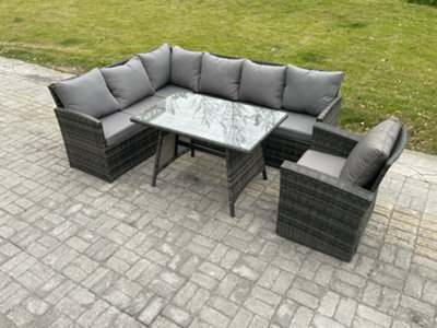 Fimous Wicker Rattan Garden Furniture Corner Sofa Set With Oblong Dining Table Armchair Outdoor Rattan Set - image 1