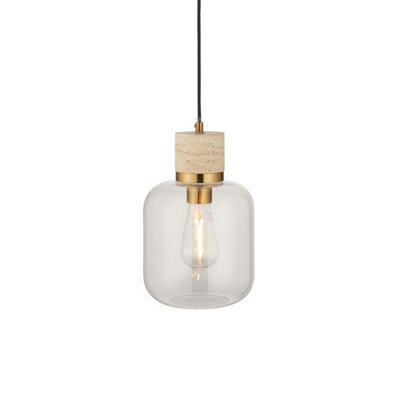 Luminosa Lighting Luminosa Travi Slim Pendant Ceiling Light Natural Travertine, Vintage Brass & Clear Glass E27