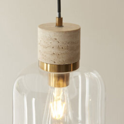 Luminosa Lighting Luminosa Travi Slim Pendant Ceiling Light Natural Travertine, Vintage Brass & Clear Glass E27 - thumbnail 5