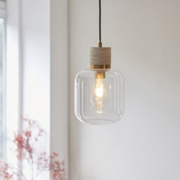 Luminosa Lighting Luminosa Travi Slim Pendant Ceiling Light Natural Travertine, Vintage Brass & Clear Glass E27 - thumbnail 3