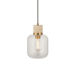 Luminosa Lighting Luminosa Travi Slim Pendant Ceiling Light Natural Travertine, Vintage Brass & Clear Glass E27 - thumbnail 1