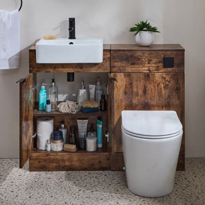 Homestylestore 1050mm Dark Oak Bathroom Combination Vanity Wc Unit With Toilet Pan And Black Finger Pull Handle - image 1