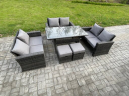 Fimous Wicker Pe Rattan Garden Furniture Sets Outdoor Lounge Sofa Set With Oblong Dining Table Double Seat Sofa Dark Grey Mixed - thumbnail 2