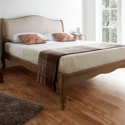 Antique French Style Amelia Rustic Oak Bed Frame - Low Foot End - Upholstered Headboard - Double 4Ft6 Bed Frame Only - image 1