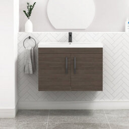 Royal Bathrooms Turin Grey Elm 800mm Wall Hung Vanity Unit 2 Door With Mid-Edge Basin Sink & Matt Black Handles - thumbnail 1