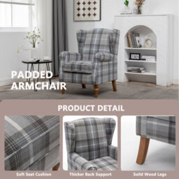 Wingback Tartan Armchair Soft Padded Retro Check Leisure Chair Fabric Lounge For Living Room Bedroom - Green - thumbnail 6