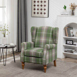 Wingback Tartan Armchair Soft Padded Retro Check Leisure Chair Fabric Lounge For Living Room Bedroom - Green