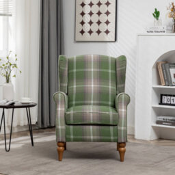 Wingback Tartan Armchair Soft Padded Retro Check Leisure Chair Fabric Lounge For Living Room Bedroom - Green - thumbnail 2