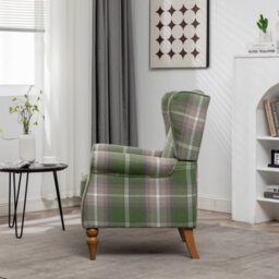 Wingback Tartan Armchair Soft Padded Retro Check Leisure Chair Fabric Lounge For Living Room Bedroom - Green - thumbnail 3