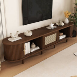 "Btm Tv Stand With 1 Rattan Drawer  2 Sliding Doors, Oval Tv Cabinet With Rounded Corners, Oak Mdf, 180X40X40 Cm, For 70"" Tv" - thumbnail 4