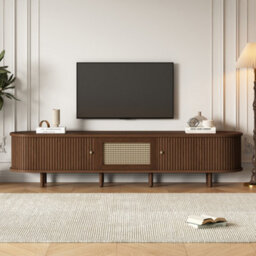 "Btm Tv Stand With 1 Rattan Drawer  2 Sliding Doors, Oval Tv Cabinet With Rounded Corners, Oak Mdf, 180X40X40 Cm, For 70"" Tv" - thumbnail 2