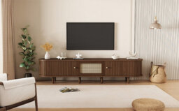 "Btm Tv Stand With 1 Rattan Drawer  2 Sliding Doors, Oval Tv Cabinet With Rounded Corners, Oak Mdf, 180X40X40 Cm, For 70"" Tv" - thumbnail 8