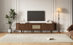 "Btm Tv Stand With 1 Rattan Drawer  2 Sliding Doors, Oval Tv Cabinet With Rounded Corners, Oak Mdf, 180X40X40 Cm, For 70"" Tv" - thumbnail 9