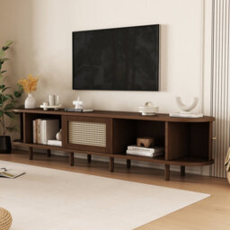 "Btm Tv Stand With 1 Rattan Drawer  2 Sliding Doors, Oval Tv Cabinet With Rounded Corners, Oak Mdf, 180X40X40 Cm, For 70"" Tv" - thumbnail 6