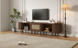 "Btm Tv Stand With 1 Rattan Drawer  2 Sliding Doors, Oval Tv Cabinet With Rounded Corners, Oak Mdf, 180X40X40 Cm, For 70"" Tv" - thumbnail 7