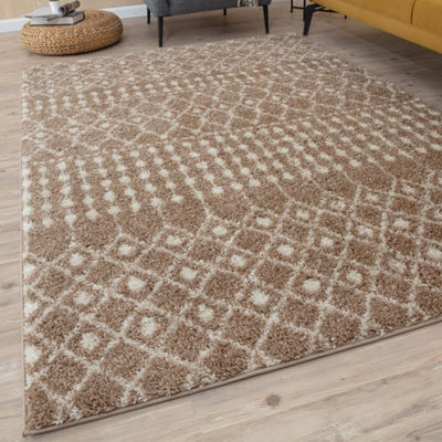 The Rugs Soft Moroccan Diamond Shaggy Rugs And Runners High Pile Beige And Ivory Living Room Kitchen Hallway 1020 - image 1