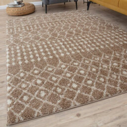 The Rugs Soft Moroccan Diamond Shaggy Rugs And Runners High Pile Beige And Ivory Living Room Kitchen Hallway 1020 - thumbnail 1