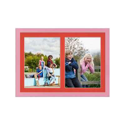 AK Frames 20X14 Pastel Pink Modern Multi Photo Frame With Poppy Red Mount - Holds 2 Apertures (2X) A4 Photos - image 1