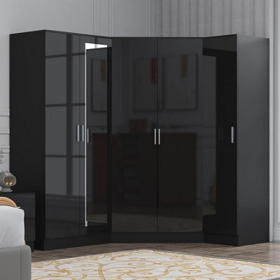 Reflect 3Pc Wardrobe Bundle - 2 Door Corner + 2 Door Mirror + 1 Door Plain - Black Gloss & Black Oak - H: 180Cm X W: 179Cm - image 1