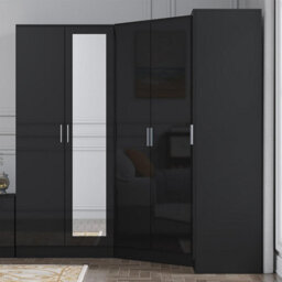 Reflect 3Pc Wardrobe Bundle - 2 Door Corner + 2 Door Mirror + 1 Door Plain - Black Gloss & Black Oak - H: 180Cm X W: 179Cm - thumbnail 3