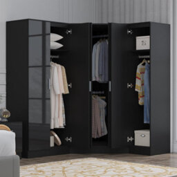 Reflect 3Pc Wardrobe Bundle - 2 Door Corner + 2 Door Mirror + 1 Door Plain - Black Gloss & Black Oak - H: 180Cm X W: 179Cm - thumbnail 2