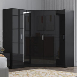 Reflect 3Pc Wardrobe Bundle - 2 Door Corner + 2 Door Mirror + 1 Door Plain - Black Gloss & Black Oak - H: 180Cm X W: 217Cm