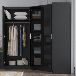 Reflect 3Pc Wardrobe Bundle - 2 Door Corner + 2 Door Mirror + 1 Door Plain - Black Gloss & Black Oak - H: 180Cm X W: 179Cm - thumbnail 4