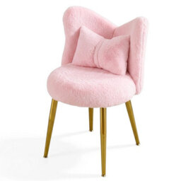 Shaggy Vanity Stool Chair Pink Dressing Table Seat Metal Legs Bedroom Home - thumbnail 1