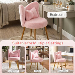 Shaggy Vanity Stool Chair Pink Dressing Table Seat Metal Legs Bedroom Home - thumbnail 5