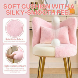 Shaggy Vanity Stool Chair Pink Dressing Table Seat Metal Legs Bedroom Home - thumbnail 4