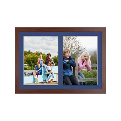AK Frames 20X14 Rose Wood Modern Multi Photo Frame With Blue Mount - Holds 2 Apertures (2X) A4 Photos - image 1