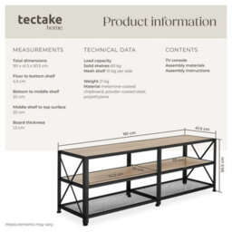 Tectake Industrial Tv Stand - Lowboard Cabinet 3 Shelves Low Display Console 161 Cm - Industrial Wood Light, Oak Sonoma - thumbnail 6