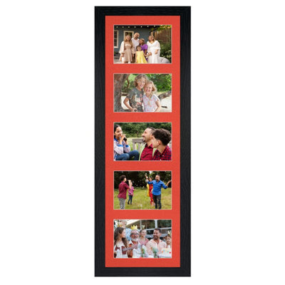 AK Frames 26X8 Black Modern Multi Photo Frame With Poppy Red Mount - Holds 5 Apertures (5X) 6X4 Photos - image 1