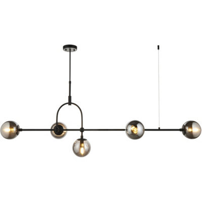 Loops Hanging Ceiling Bar Pendant Light - 5X Grey Tinted Glass Shades - Matt Black Linear Lamp - image 1