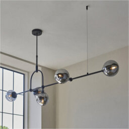 Loops Hanging Ceiling Bar Pendant Light - 5X Grey Tinted Glass Shades - Matt Black Linear Lamp - thumbnail 4