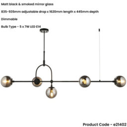 Loops Hanging Ceiling Bar Pendant Light - 5X Grey Tinted Glass Shades - Matt Black Linear Lamp - thumbnail 2