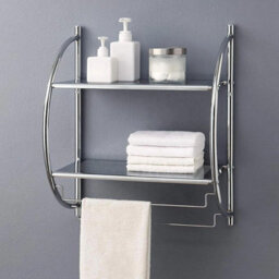 Taylor & Brown 2 Tier Modern Chrome Wall Mounted Curved Bathroom Shelf Shelving Unit With Double Towel Holder Storage Rail Rack - thumbnail 4