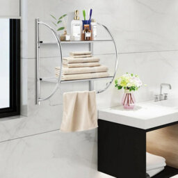 Taylor & Brown 2 Tier Modern Chrome Wall Mounted Curved Bathroom Shelf Shelving Unit With Double Towel Holder Storage Rail Rack - thumbnail 5