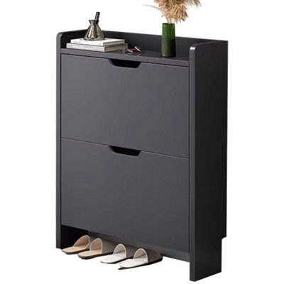 2 Drawer Wooden Shoe Rack Freestanding Cupboard Hallway Footwear Storage Organiser - image 1