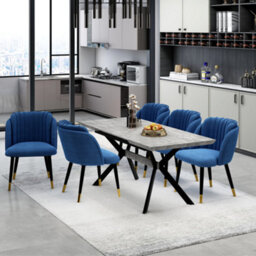 Life Interiors Set Of 2 Blue Milano Velvet Dining Chairs With Stylish Ribbed Back Design, Black Metal Legs With Gold Tips - thumbnail 8