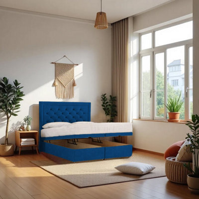 "Knight Sleep Athens Ottoman Bed Navy Plush 4Ft  With Mattress & 24""headboard - Small Double" - image 1