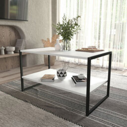 Urbn-Living Urbnliving 90Cm Width Rectangle White Wooden Coffee Table & Metal Frame Open Storage Shelf Home Décor