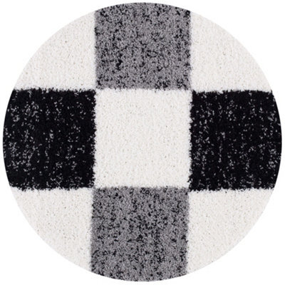 The Rugs Black Grey And Ivory Soft Checkerboard Design Fluffy Shaggy Rugs And Runners High Pile Living Room Kitchen Hallway 381 - image 1