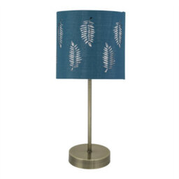 First Choice Lighting Antique Brass Stick Table Lamp With Teal Fern Cut Out Shade
