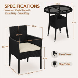 Yaheetech 3-Piece Outdoor Pe Rattan Bistro Set With Cushioned Chairs & Glass Tabletop, Black/beige - thumbnail 3