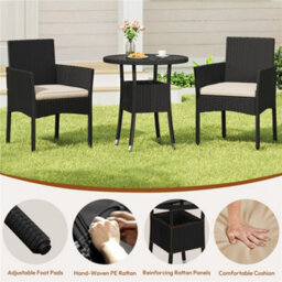 Yaheetech 3-Piece Outdoor Pe Rattan Bistro Set With Cushioned Chairs & Glass Tabletop, Black/beige - thumbnail 6