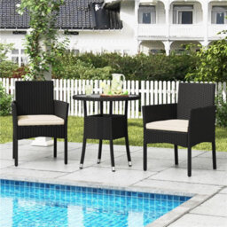Yaheetech 3-Piece Outdoor Pe Rattan Bistro Set With Cushioned Chairs & Glass Tabletop, Black/beige